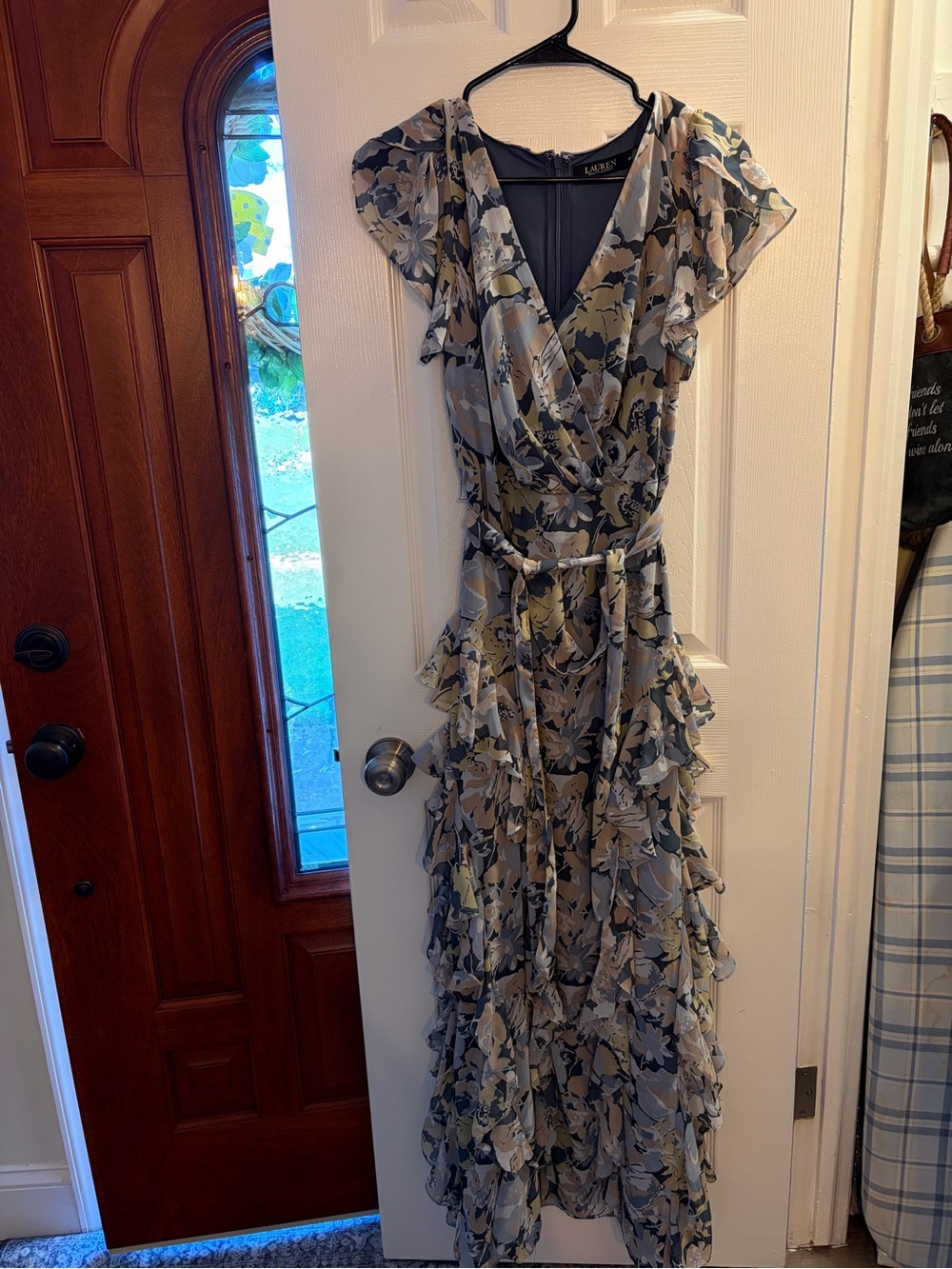 Ralph Lauren Floral Ruffle Wrap Maxi Dress in Blue and Cream